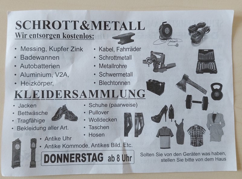Flyer von dubiosen Müllsammlern