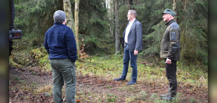 Bürgermeister Dirk Flörke und Oberförster Danilo Klaus besichtigen die Sturmschäden