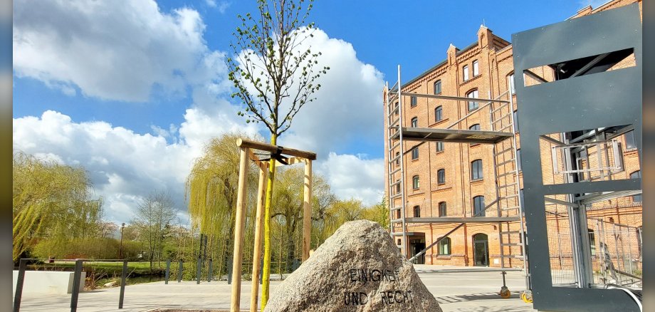 Der restaurierte Gedenkstein und die Einheitslinde bilden das bekannte Ensemble an neuem Standort vor der Parchimer Kulturmühle. 