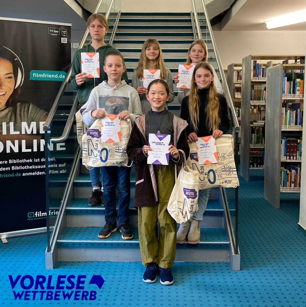 Die Teilnehmenden am diesjährigen Vorlesewettbewerb (Ida, Lara, Lucy, Elias, Marthe, Susanna)