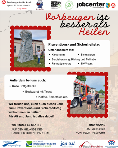 Einladung zum Präventions- und Sicherheitstag am 26.08.2026 im Haus der Jugend Parchim. Einladung zum Präventions- und Sicherheitstag am 26.08.2026 im Haus der Jugend Parchim.